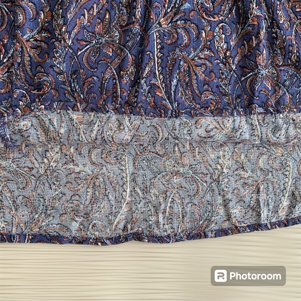 LUCKY‎ BRAND Women’s Blouse Purple Floral Scroll Pheasant Long Sleeve V-Neck L - Picture 6 of 11